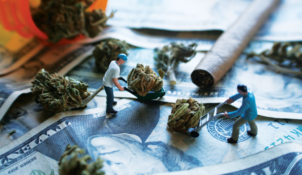 Toy men moving around marijuana buds on top of dollar bills