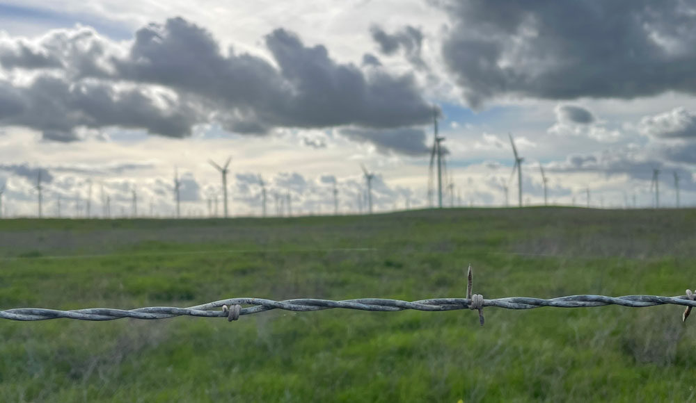 Grassy field with barb wire in foregound and windmills in the distance