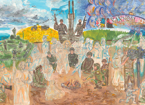 Drawing of soldiers side by side with figures from Ukrainian history
