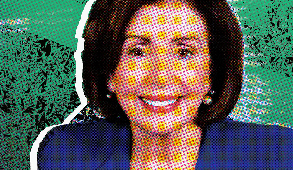 Photo of Nancy Pelosi with bright green graphic background