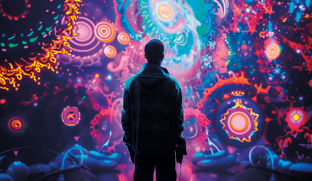 Silhouette of a person standing in front of a field of colorful psychedelic images