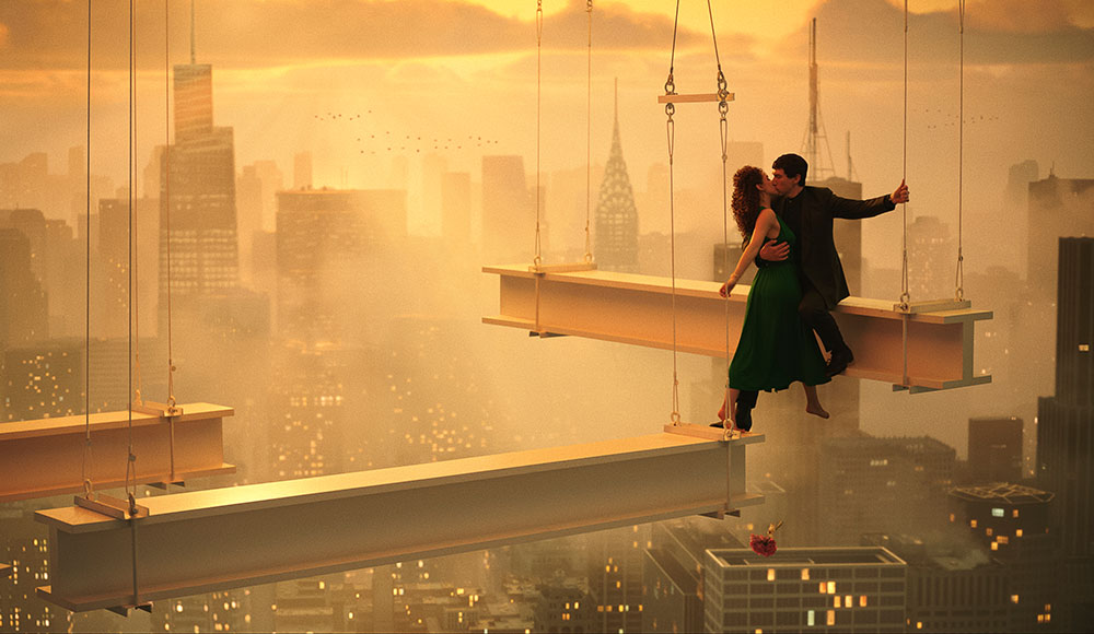 Man and woman hugging while standing on girders high above a cityscape