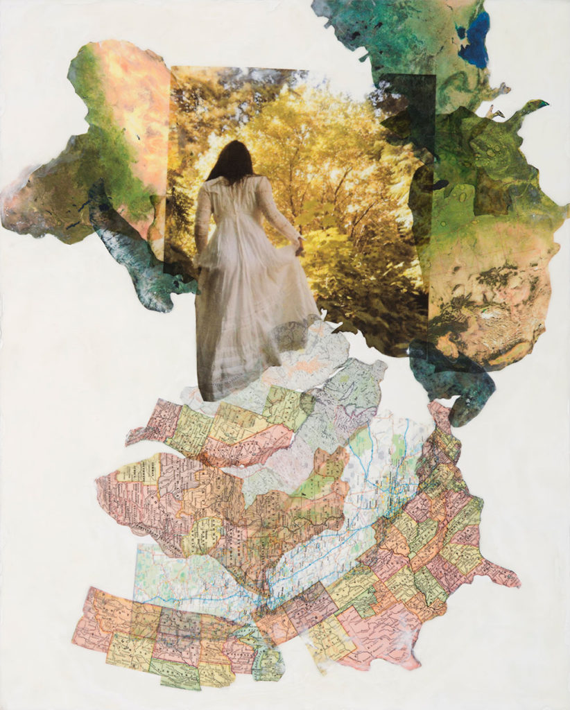 Images of a woman, bits of landscape and pieces of various maps form a collage