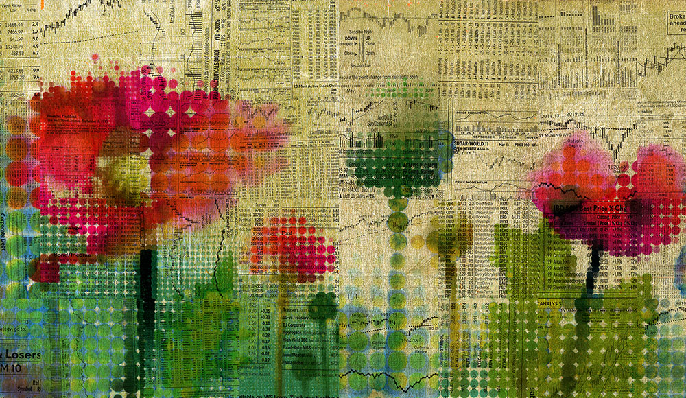 Images of flowers printed on a background of newspaper print