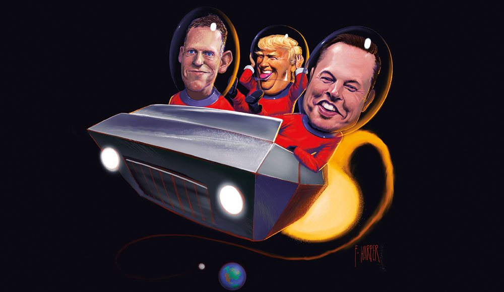 Illustration of three men in a spaceship