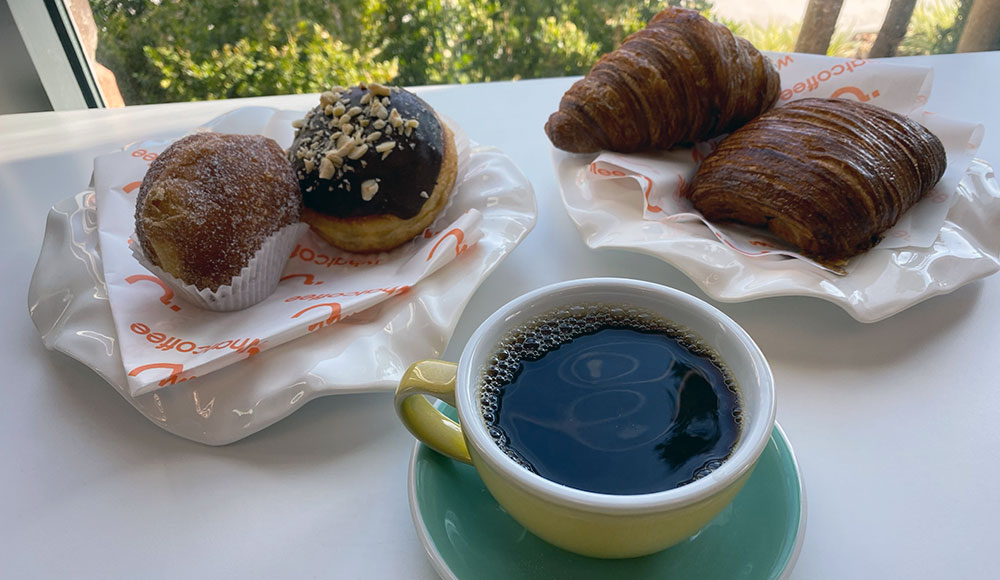 Pastry, doughnut, croissants and coffee