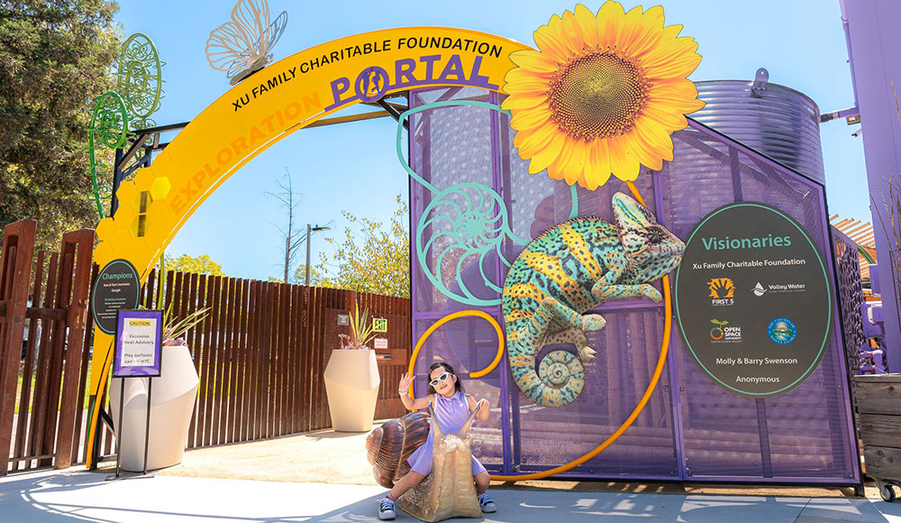 Girl in front of a brightly colored gate