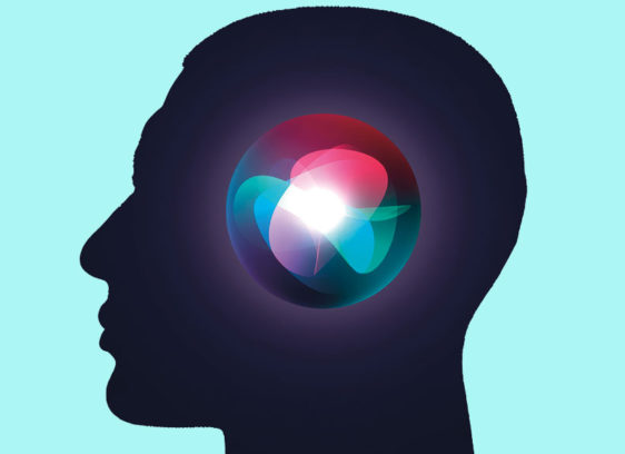 Silhouette of a head with a graphic image that looks like the Siri icon